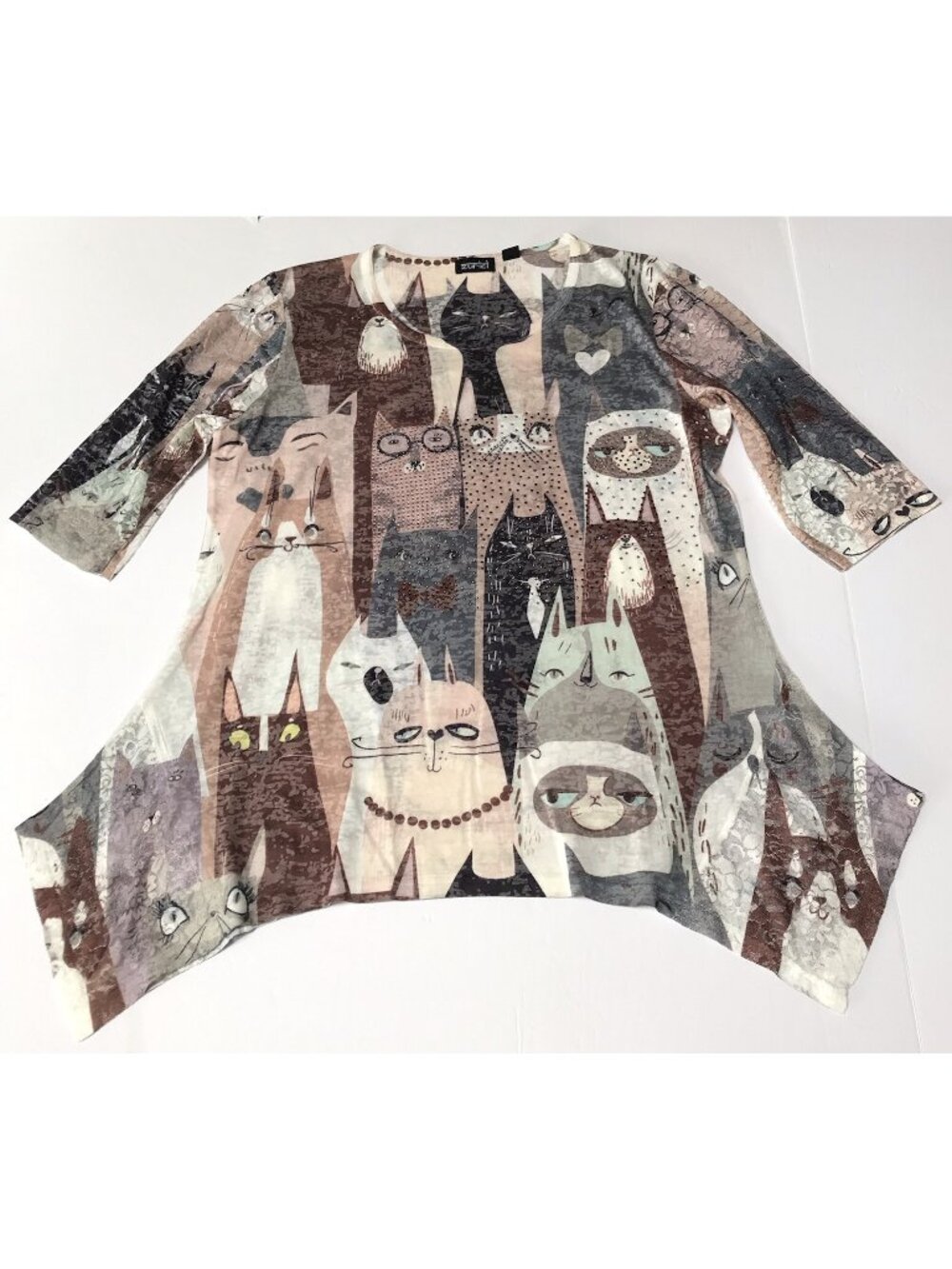 Zuriel Top Small Medium Cats Kitty Rhinestones Lace All Over Print Artsy Blouse
